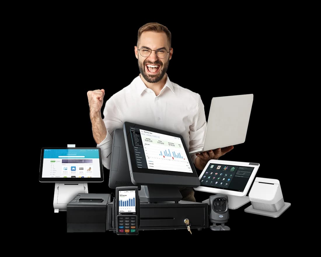 Business owner celebrating with his POS hardware